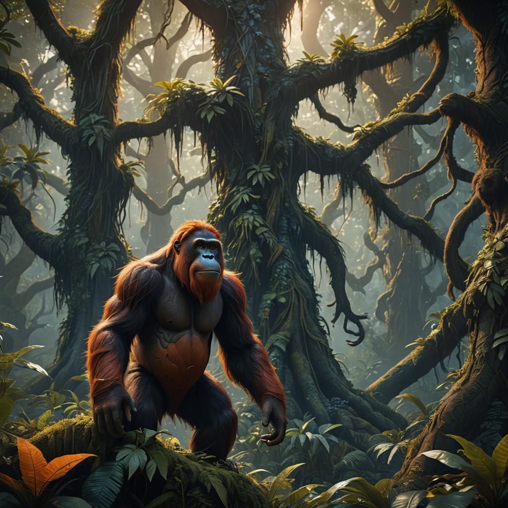 Orangutan in Mystical Forest: Fantasy Concept Art