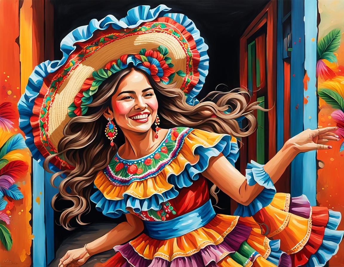Beautiful Mexican woman wearing colorful floating ruffle dre...