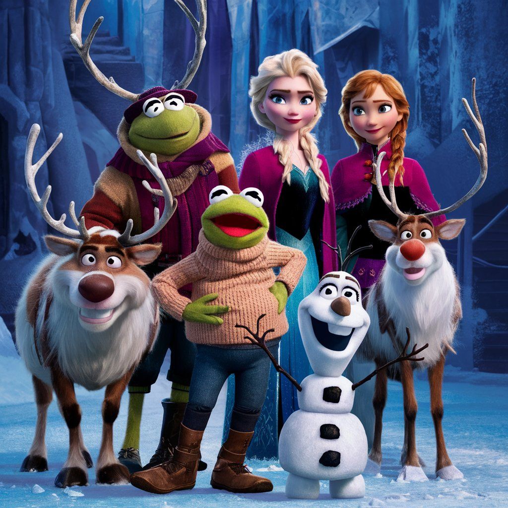 Kermit in "die Eiskönigin" mit Olaf, dem kleinen Schneemann ...