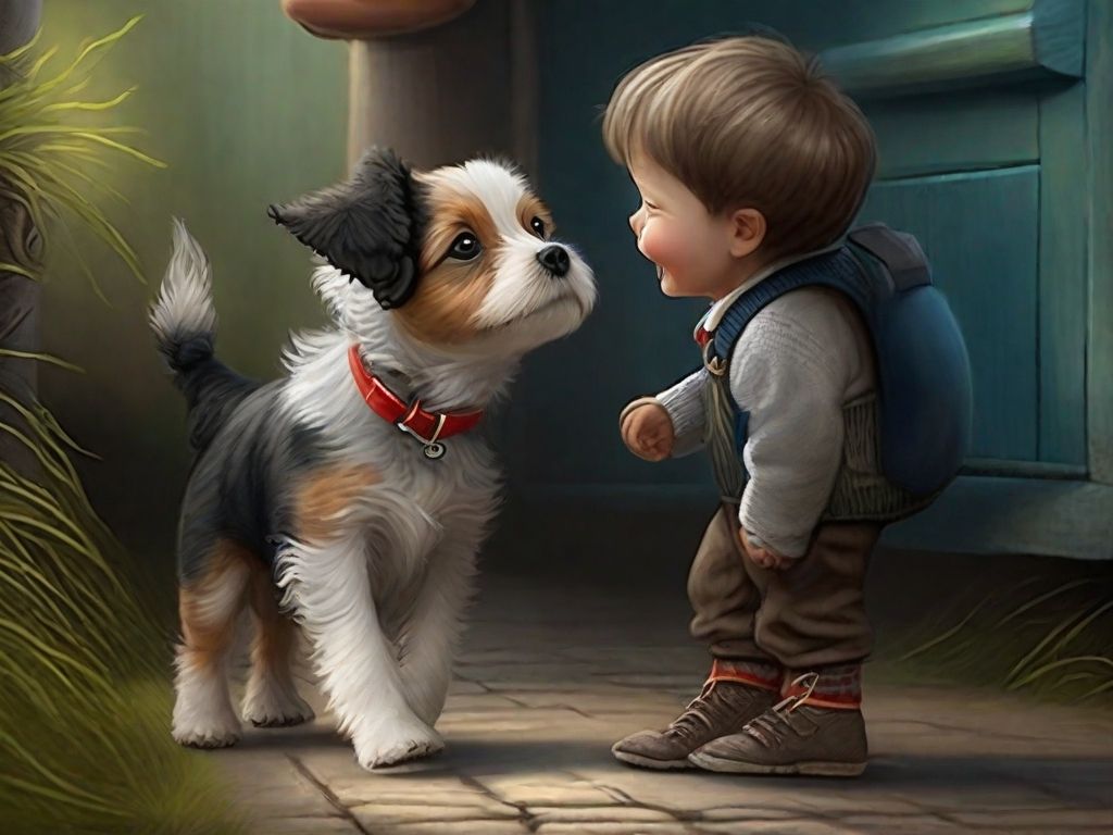 A little dog and boy.