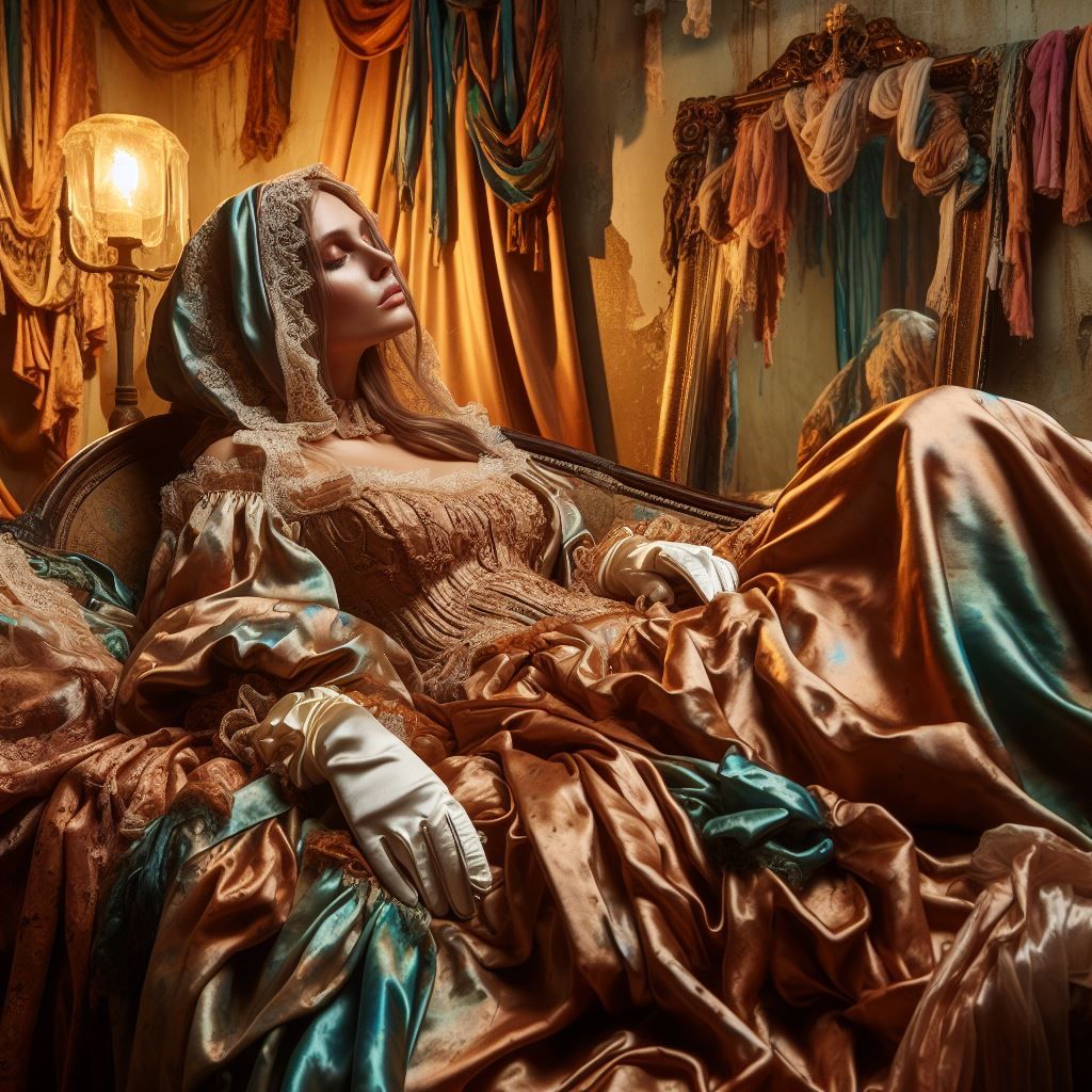 Unwashed Smelly Bedraggled Shabby Dirty Streetworn Ragged Reclining on Satin Chaise Longue Glamorous Intense Headscarf H...