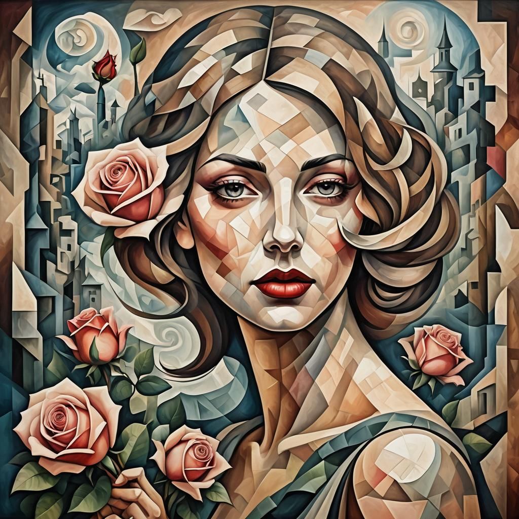 Surreal Cubist Dreamscape of a beautiful woman with a rose