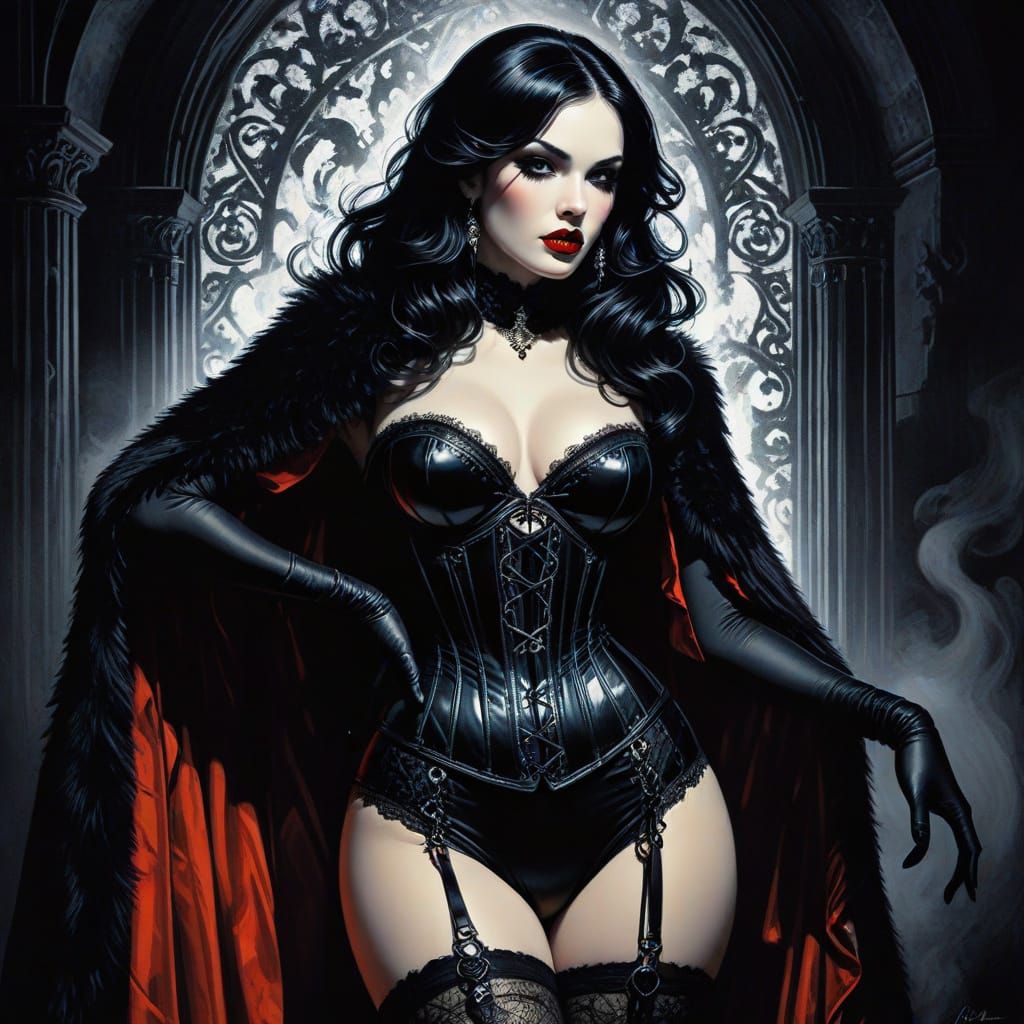 Sultry Gothic Goddess in Elegant Black Corset and Fur Cape