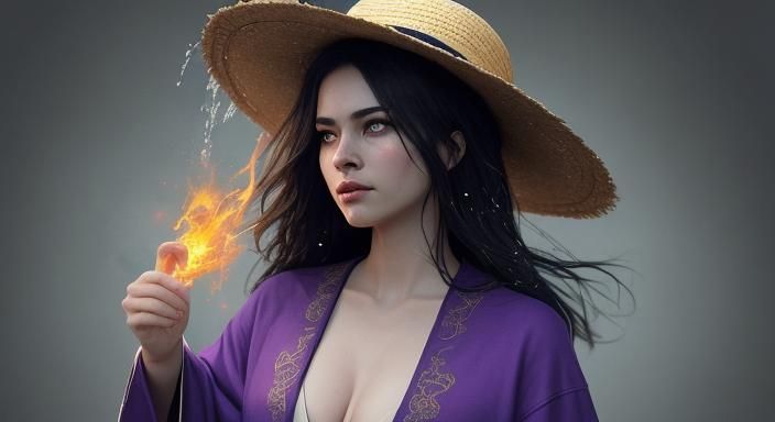 wizard with straw hat purple robes golden eyes riding that t...