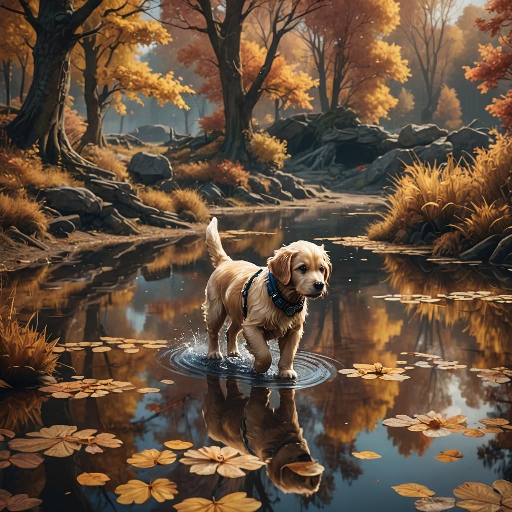 a cute puppy cyborg golden retreiver walking out of a small ...