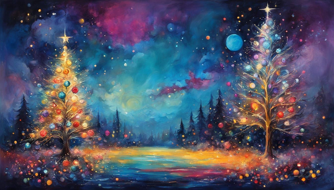 La nuit de Noël nous amenant aux formes de la lumière. sapins cadeaux et boules scintillantes #digitalpainting #art #painting #dreams #mystère #surréaliste #Abstrait_