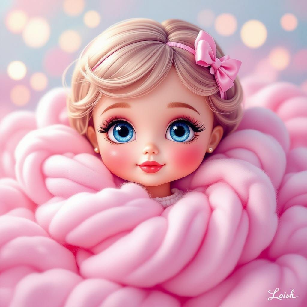 Doll Face on Cotton Candy in Whimsical Digital Art Style