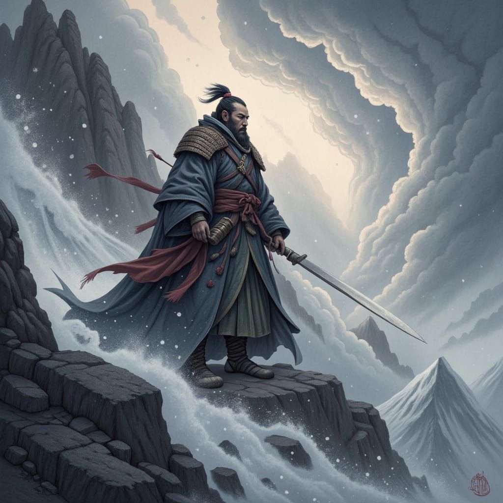  <lora:Japan-esque:1.0> Portrait: fierce tengu warrior perched among swirling storm clouds