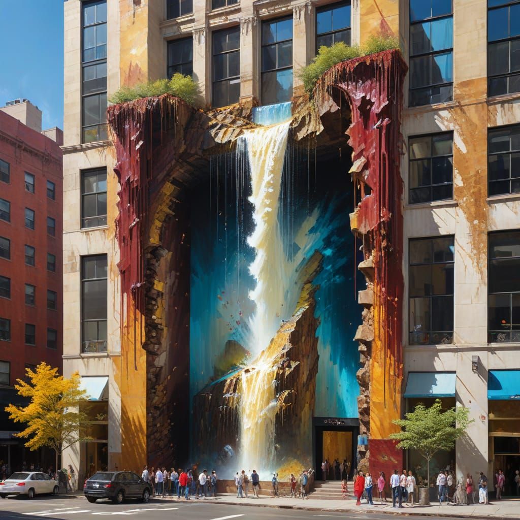  waterfall descending a building on Broadway   by @Mapont