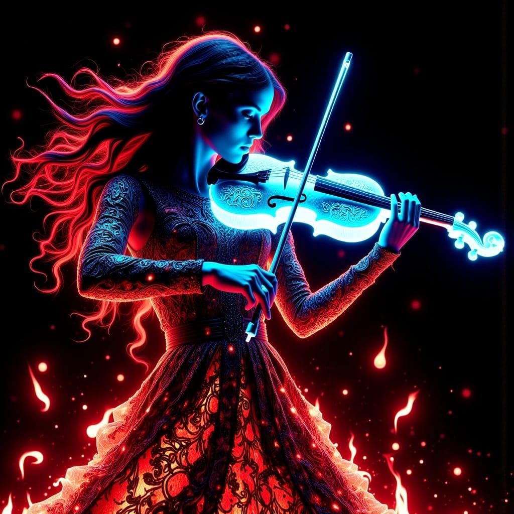 <lora:NegativeLight:1.0> fire queen playing violin; black white red high contrast blacklight filigree detailed dynamic pose selective color...