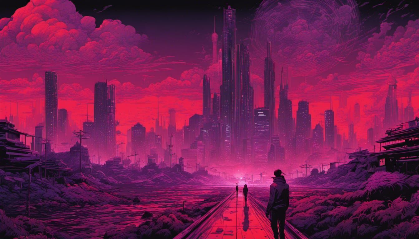 zombie apocalypse landscape, red and purple hue, black, Dan Mumford ...