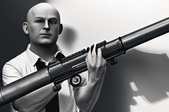 Bald man holding a minigun