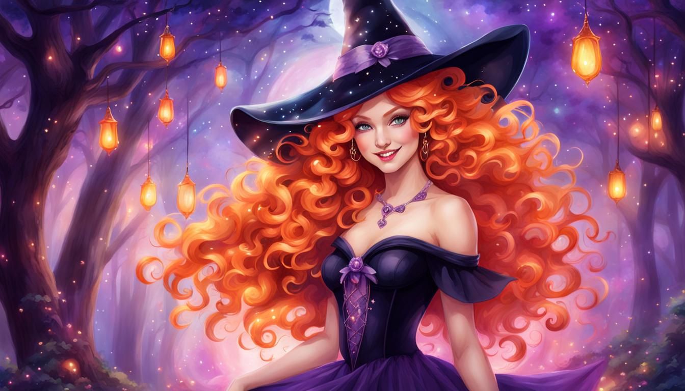 Enchanting Witch in Dreamy Masquerade, Watercolor Digital Ar...