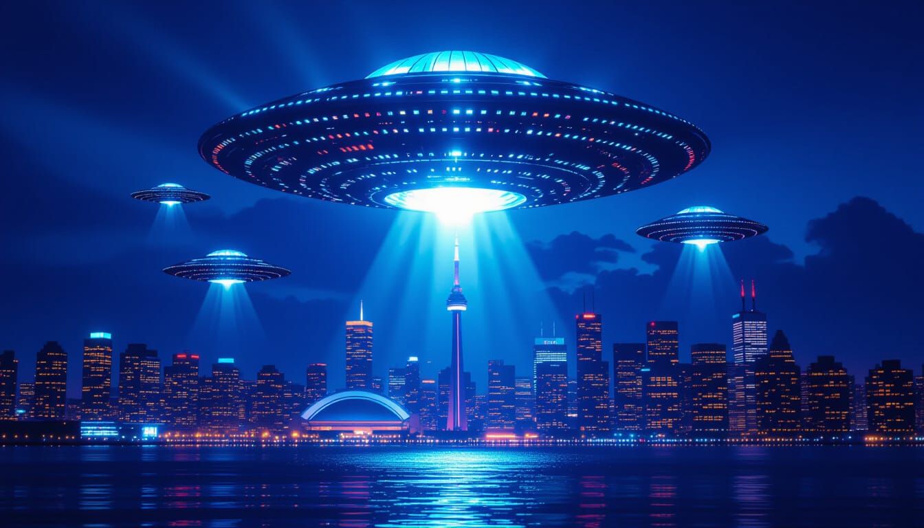 Extremely Large UFO with flashing lights hovering high in the sky over downtown Toronto with smaller UFO's departing the large one and headi...
