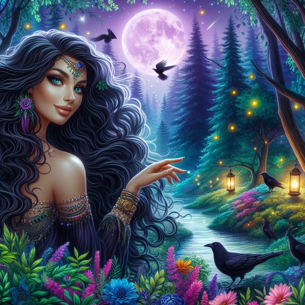 Lovely Gypsy Woman in The Night Forest