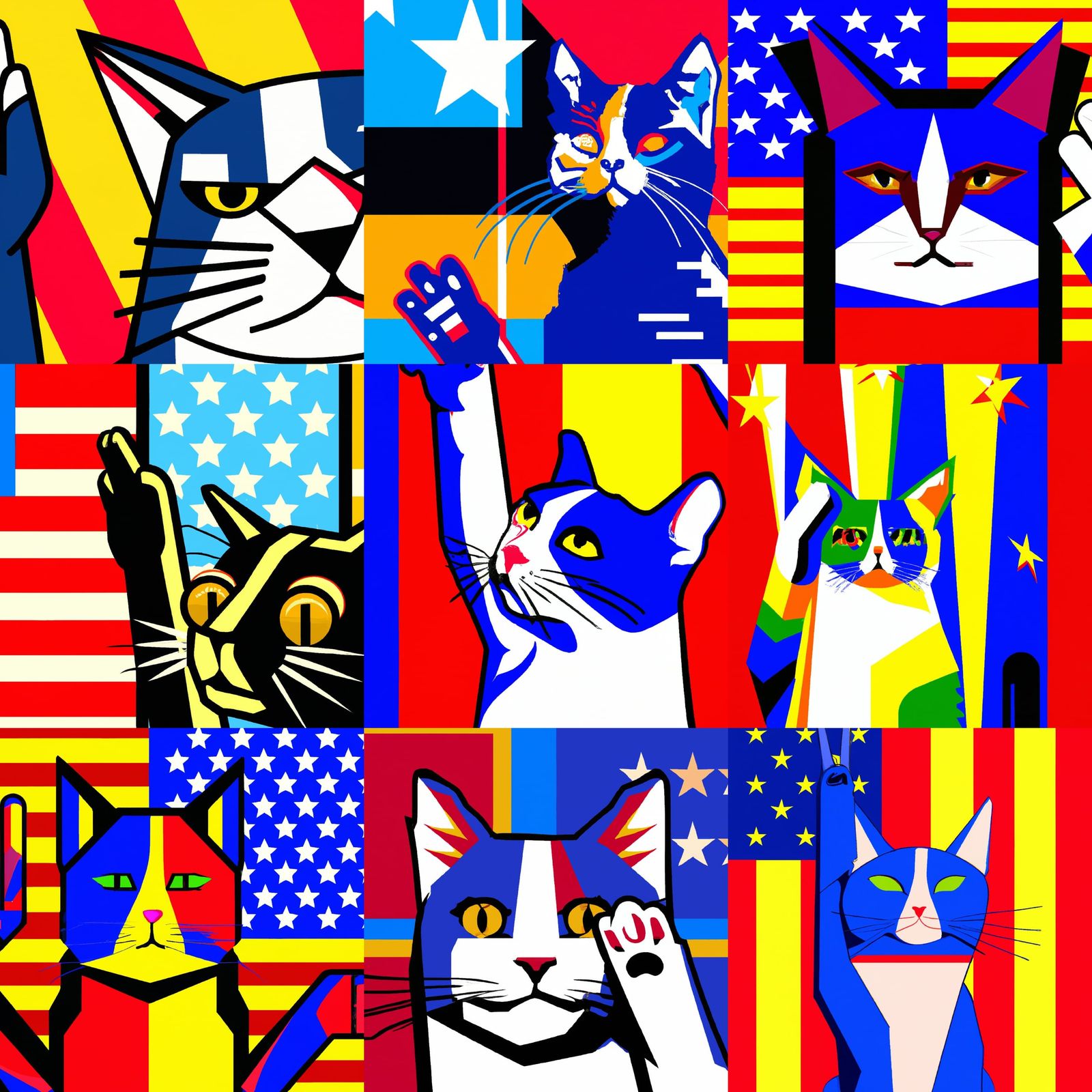 Patriotic Cartoon cat salute Screen print, pop art, splash screen art