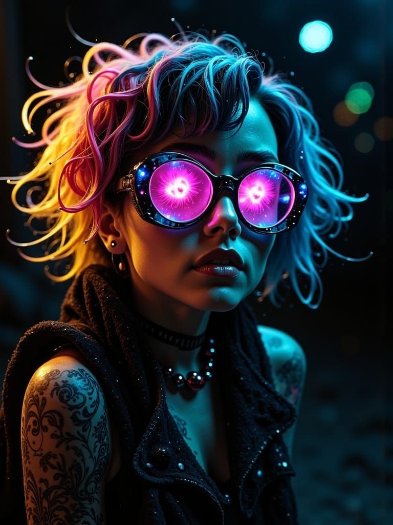 glowy Luminescence, Punk girl with Two-Tone glasses, side lit, female, quirky <lora:Flux enhancer:0.8>