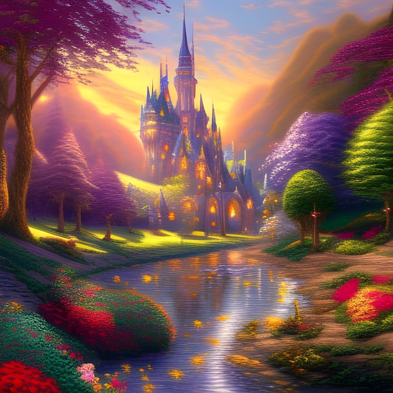 a fairy tale castle, tall spires, glistening in the sunlight, beautiful ...