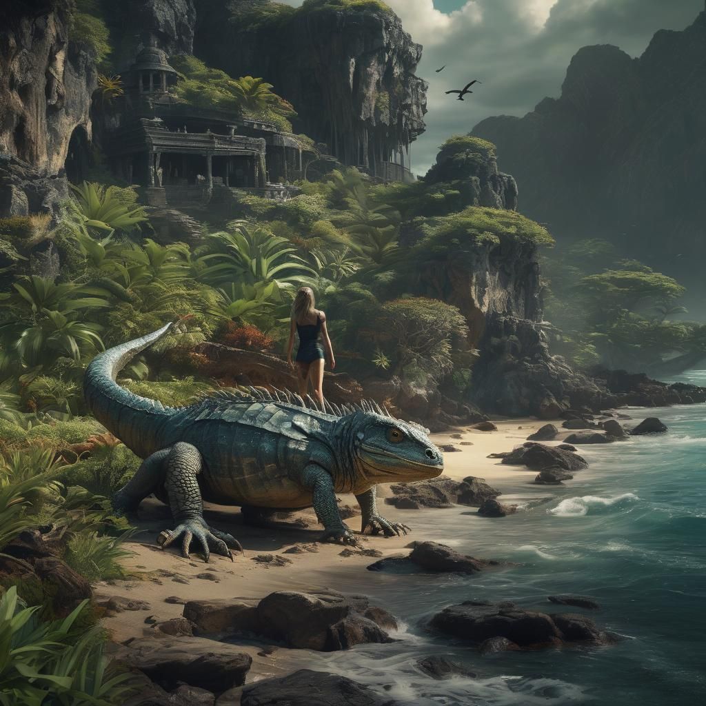 Movie poster featuring couple stranded on lizard island larg...
