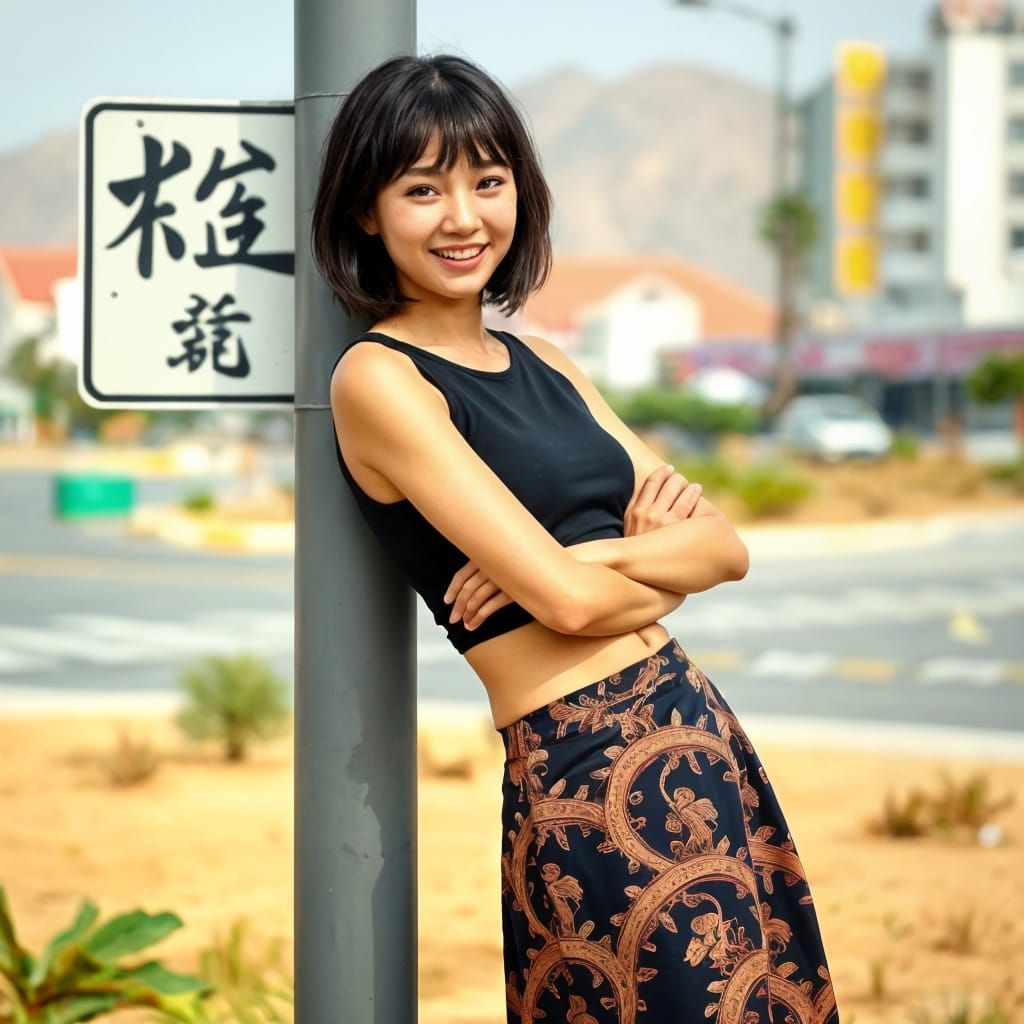 Elegant Asian Woman Poses in Arid Summer City