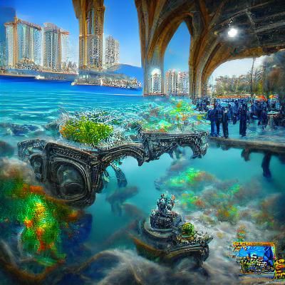 A modern city sunken at the botton of the Ocean, like Atlant...
