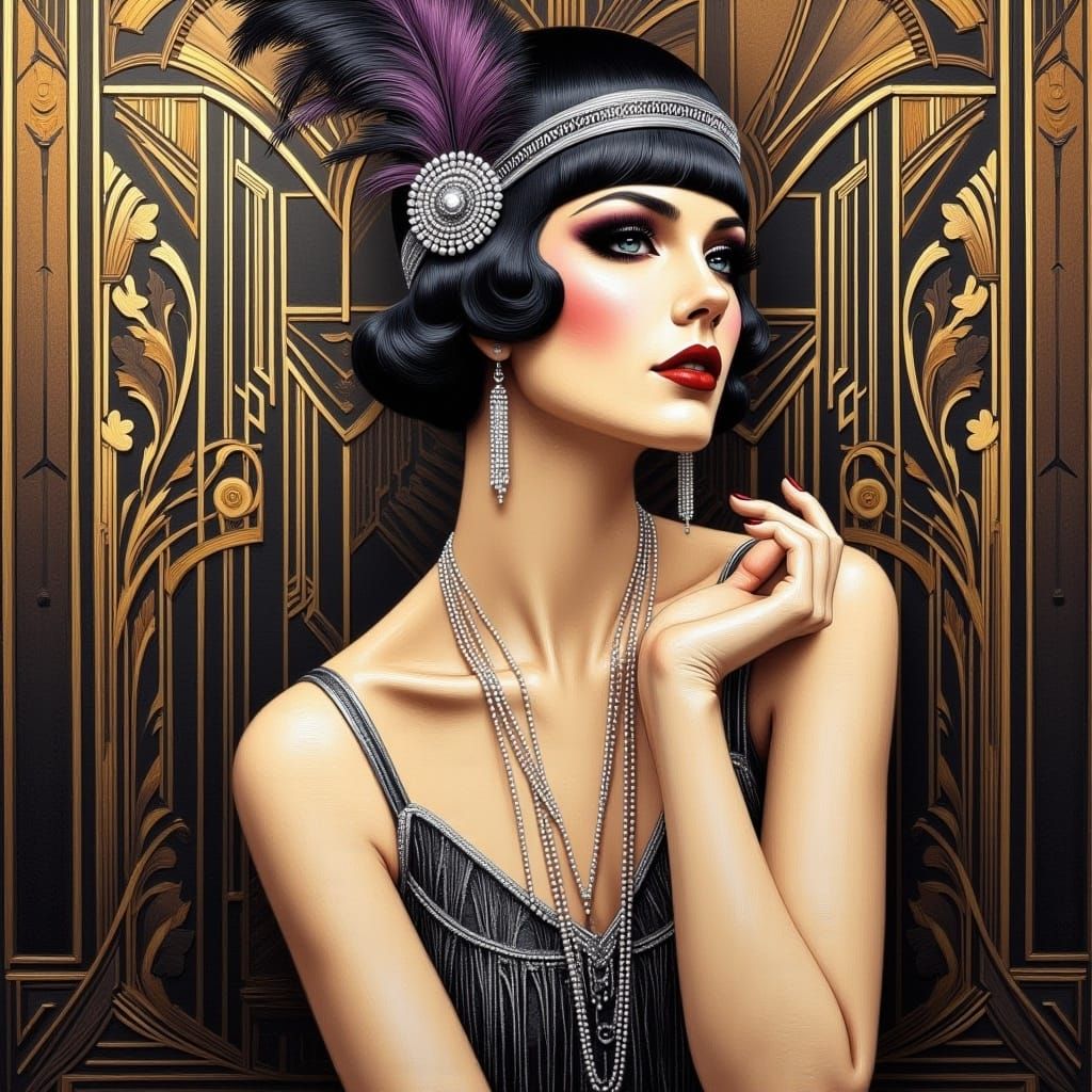<lora:1920s flapper girls:1.0>Oil painting portrait of a 1920s_flapper_girl, art_deco, Gatsby, glamour 