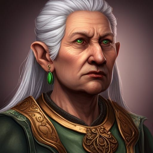 Female Dwarf Peasant, has cropped white hair and narrow gree...