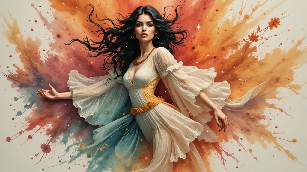 full body, over shoulder, Cute girl pin up art, ethereal, a lace character, smirk expression, <lora:Caffeinated Skies:1.0> against a grunge...