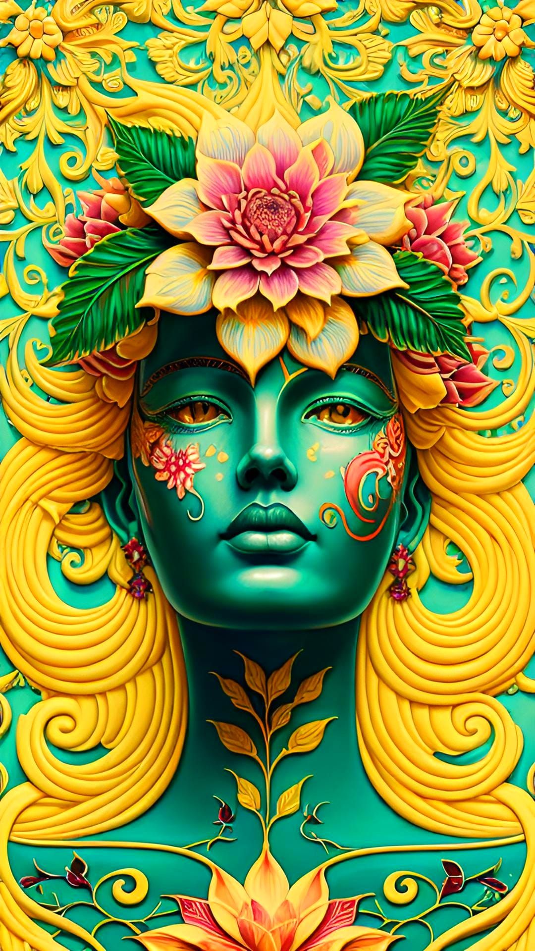 Ornate floral design, woman as detailed depiction of a styli...