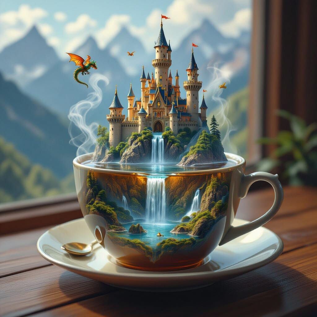 Miniature Fantasy World in Steaming Teacup