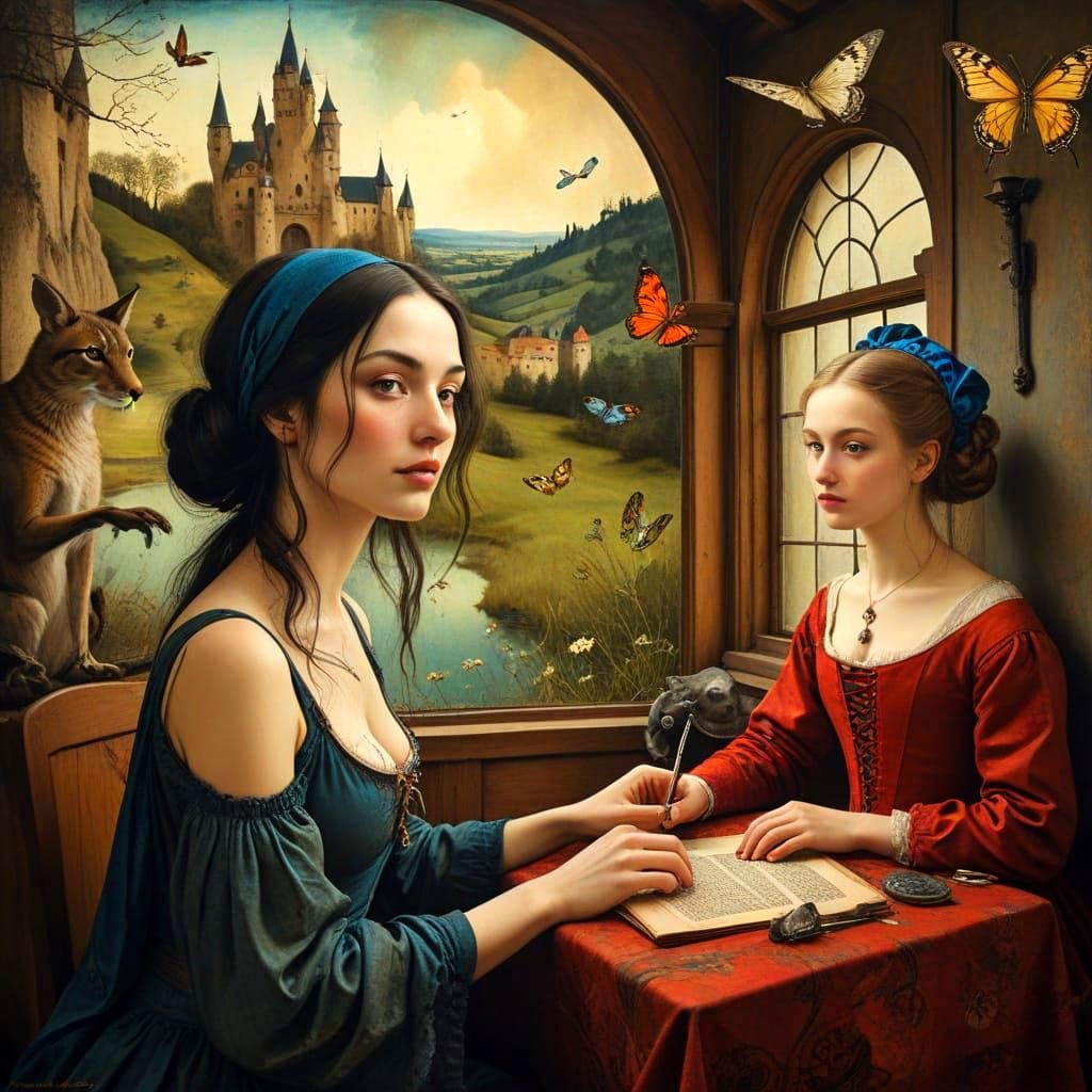 Medieval Lady and Fantastic Beasts in Surreal Landscape