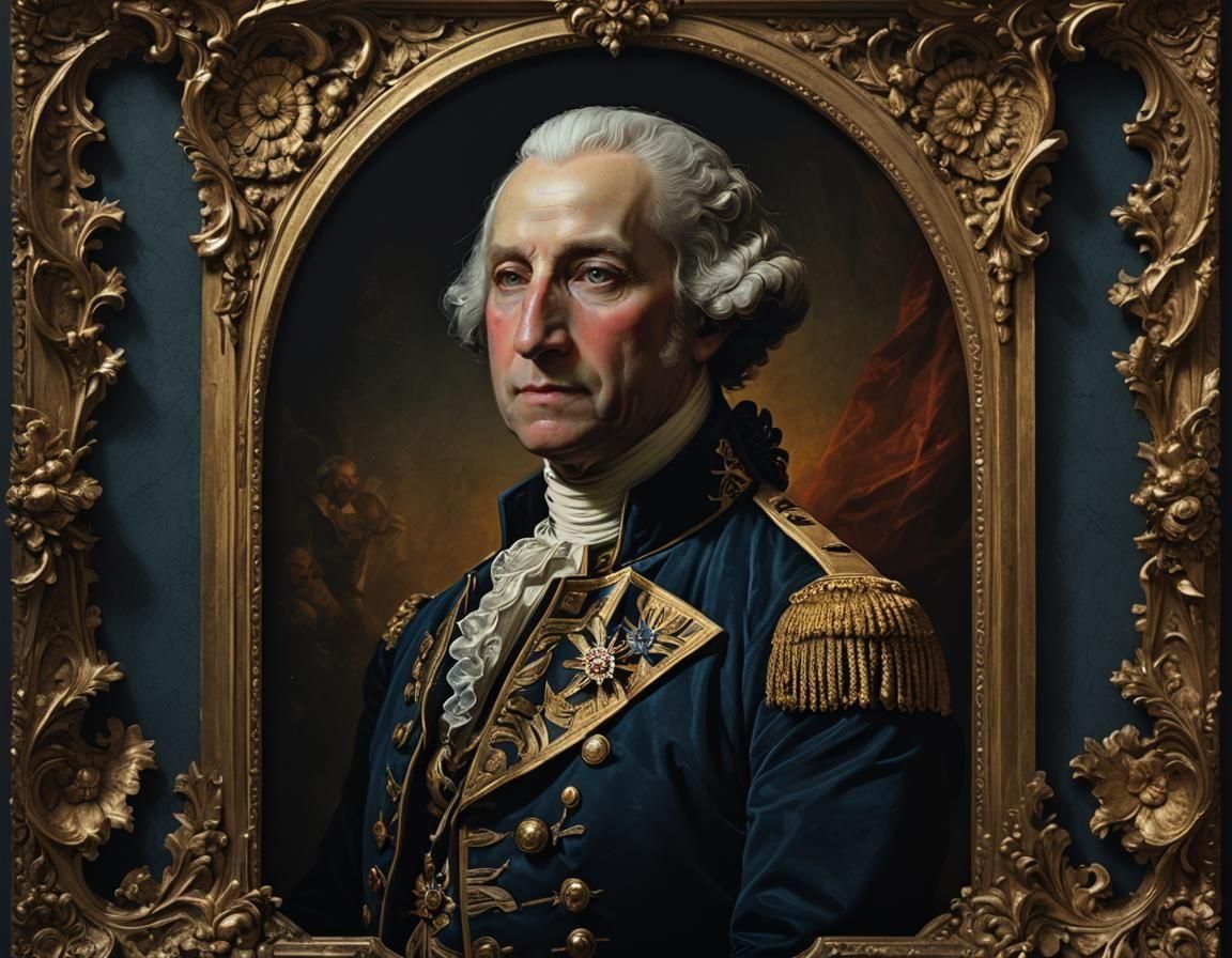 Ultra sharp, photorealistic Rembrandt painting of George Was...