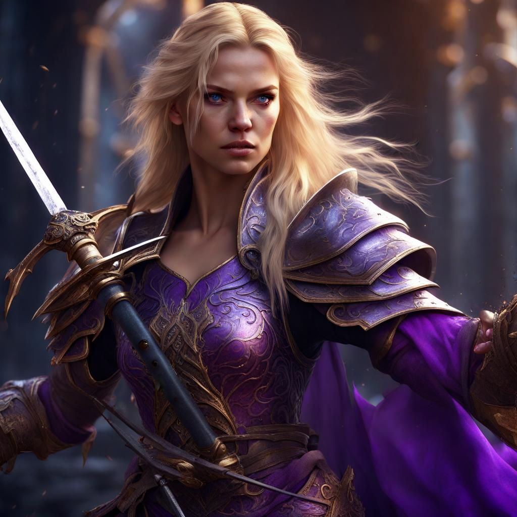 Fierce beautiful warrior woman with sword and blonde hair and violet ...