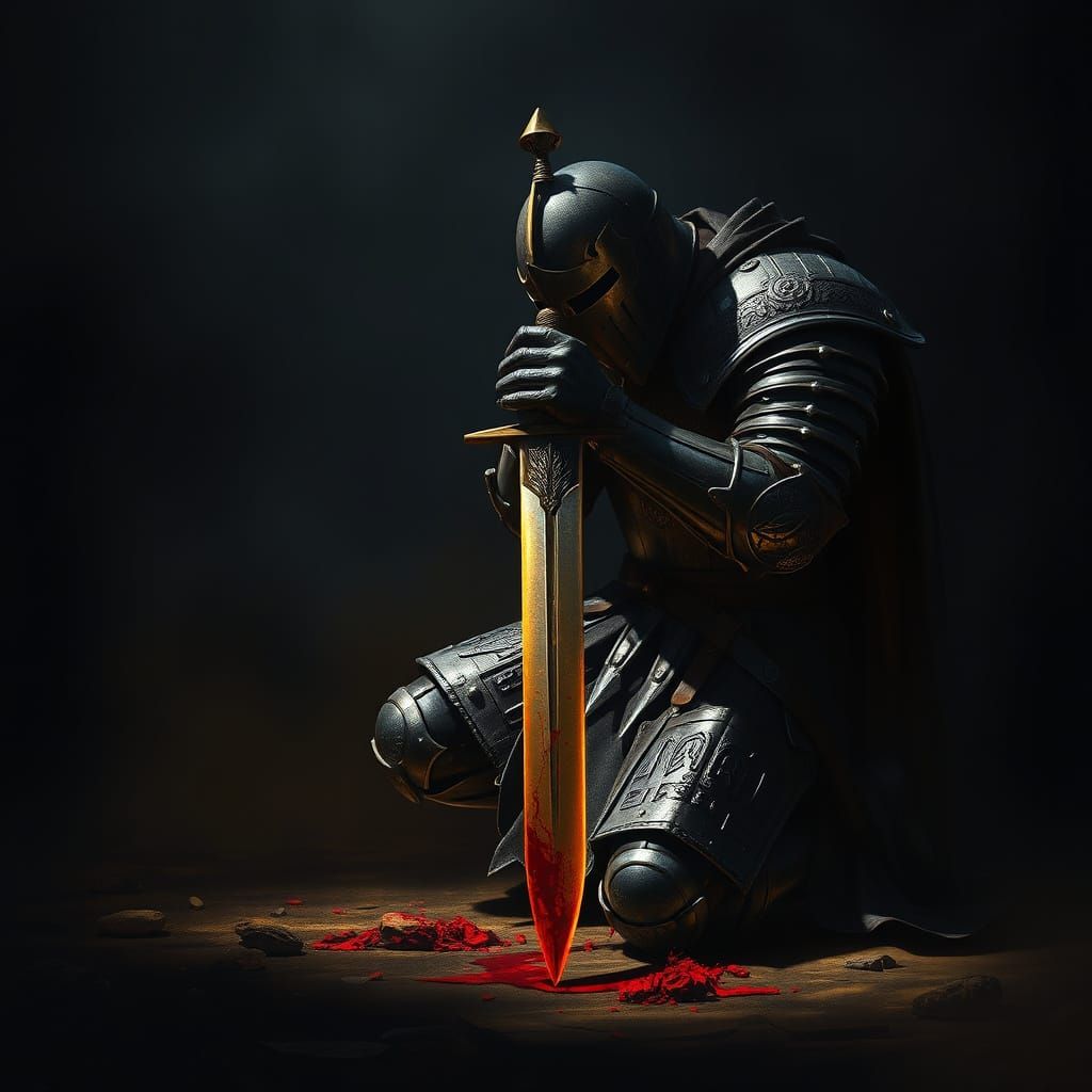 knight kneels down in the darkness,