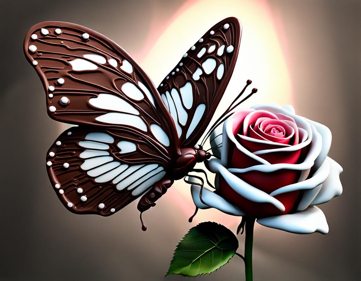 A white and dark chocolate candy butterfly landing on a rose. Super-Resolution, Megapixel, Cinematic ...  by @Dustman