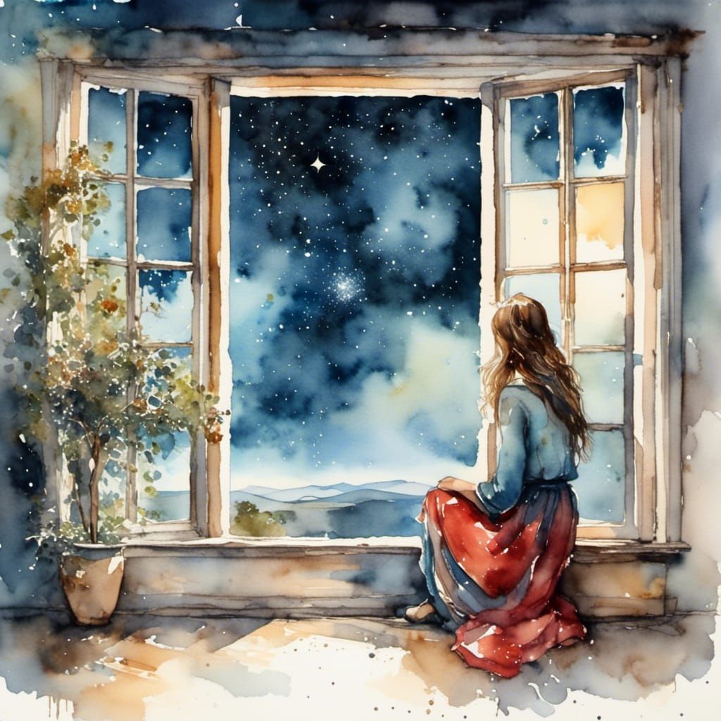 Young Woman staring out a window at the stars <lora:Dreamy w...