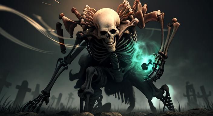 skeleton crawling out of  graveyard background depth with 10...