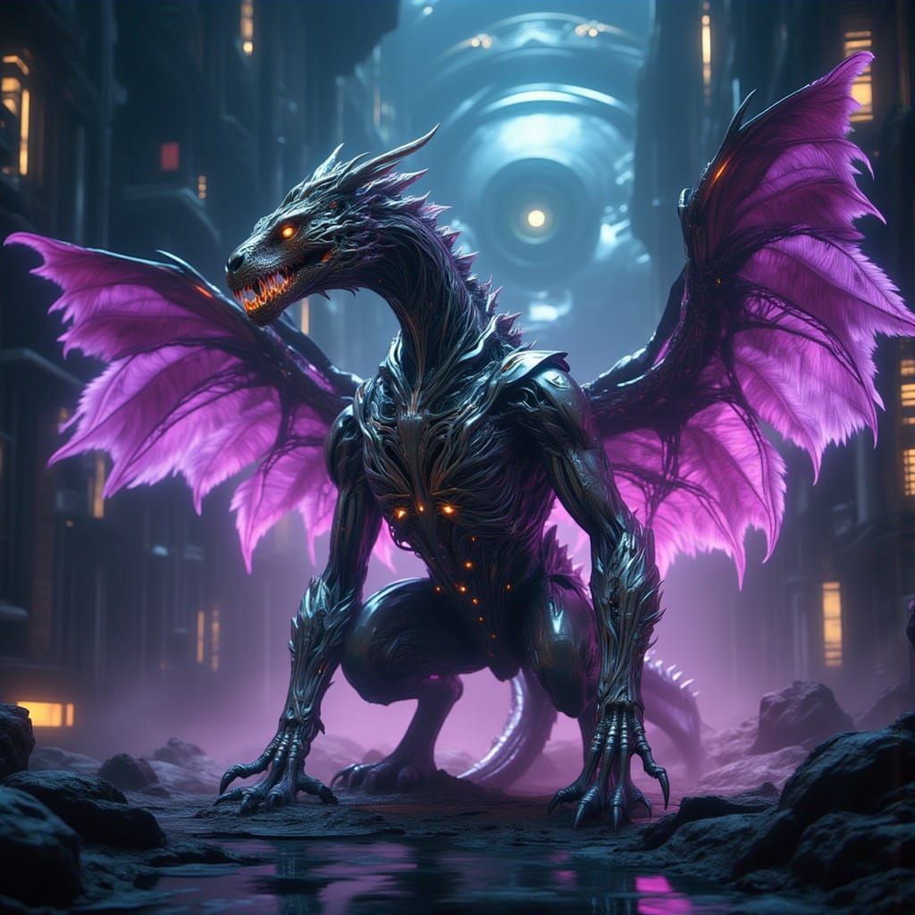 <lora:Beast Wars:1.0> Humanoid dragon, lithe build, sharp teeth, wearing cybernetic armor, large feathered wings with metallic purple and bl...