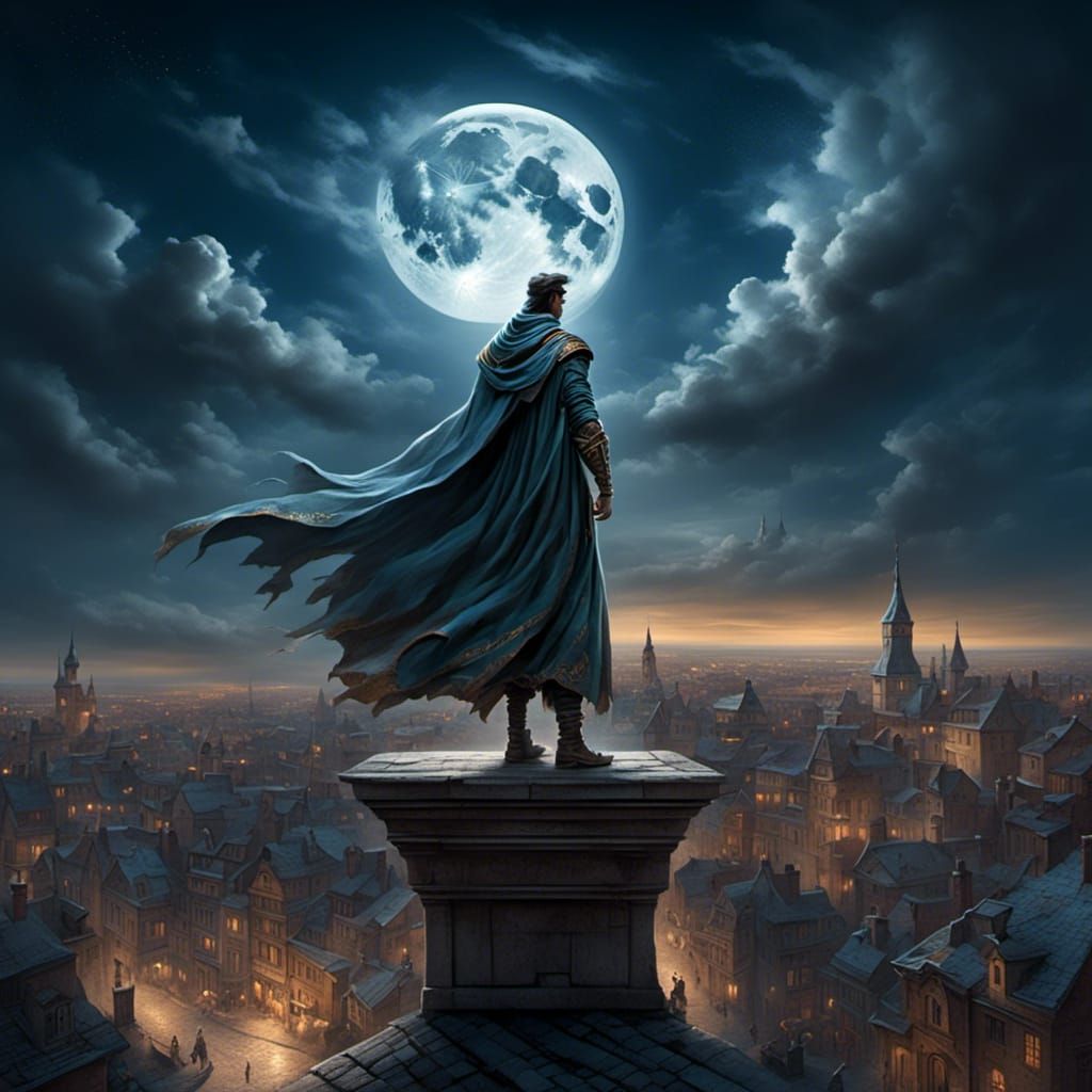  <lora:Street Art:1.0> A caped figure standing on a rooftop under the moonlight