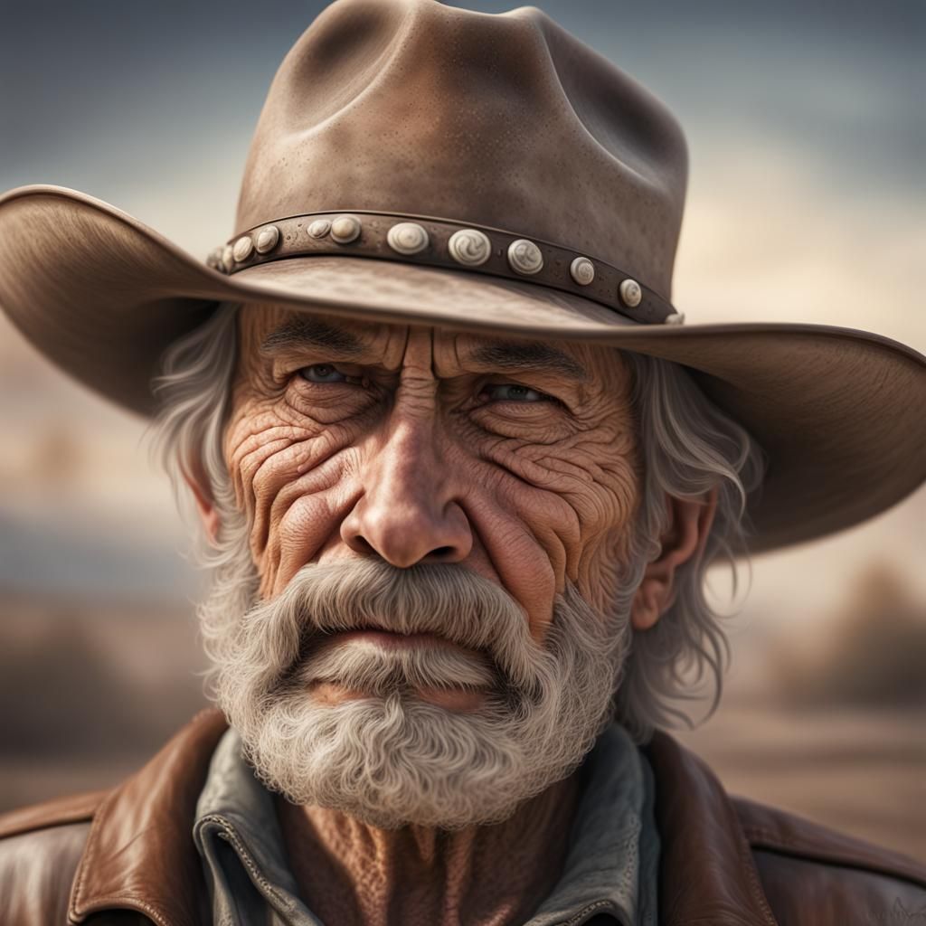 Close-up portrait of a weathered cowboy, wrinkles around his eyes ...