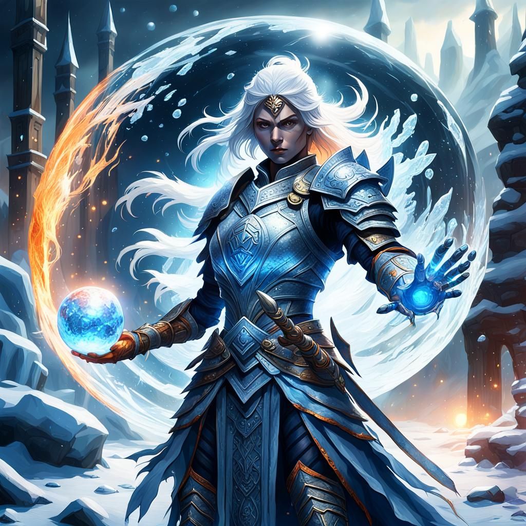 Female Warrior Mage 1 handed sword in right hand floating ba...