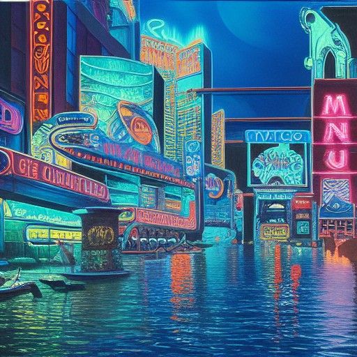 Underwater City with neon signs at night