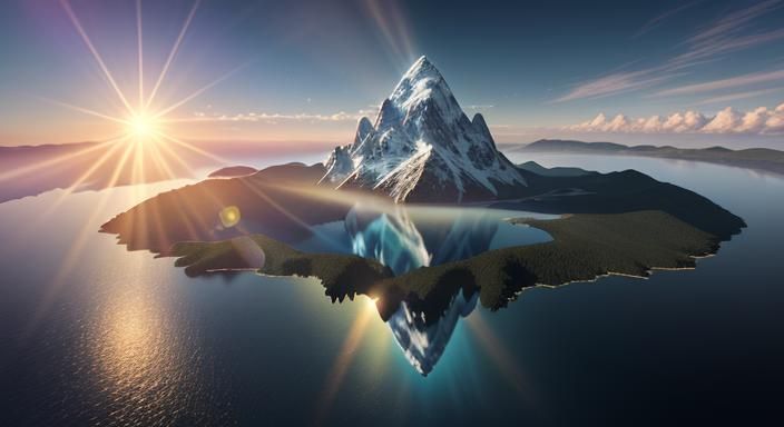 Create a photorealistic 3D render of a mountain lake at suns...