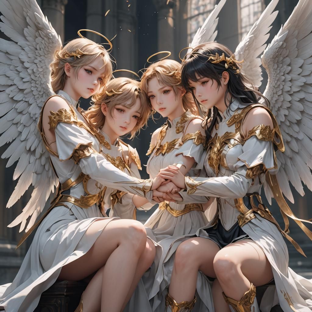 Two angels restraing another.By artist "anime", 3d anime art...