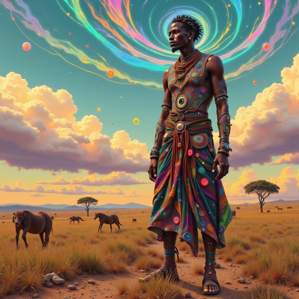 Kai-matutsi, a Maasai warrior, standing proudly in a savannah landscape, adorned in traditional attire, with intricate beadwork and vibrant ...