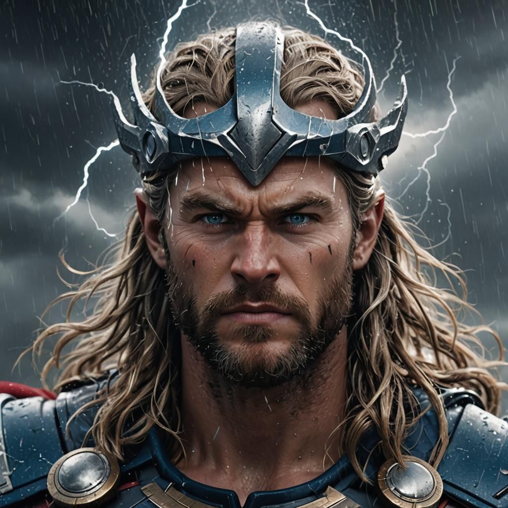 8k thor focused close up 3d dark sky lightning on Thor's eye...