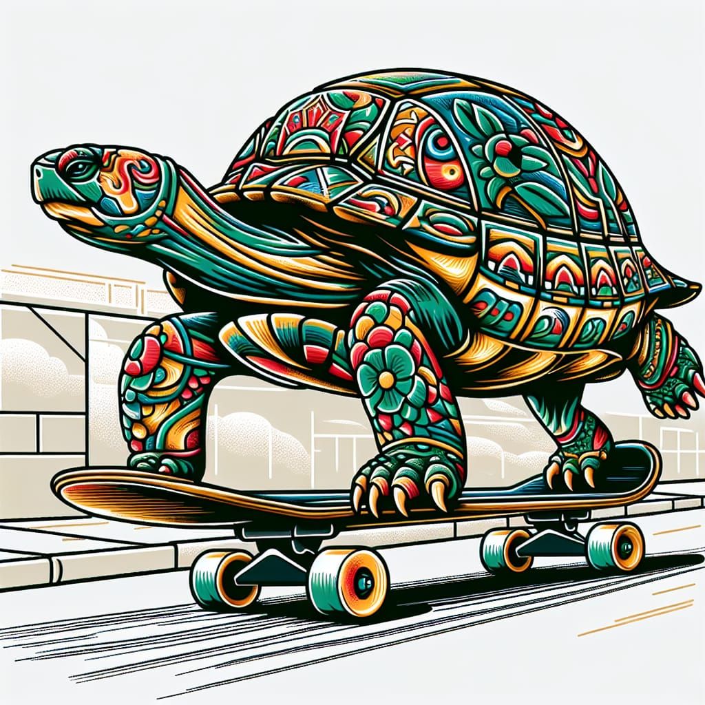 Neo traditional style skateboarding turtle illustration
