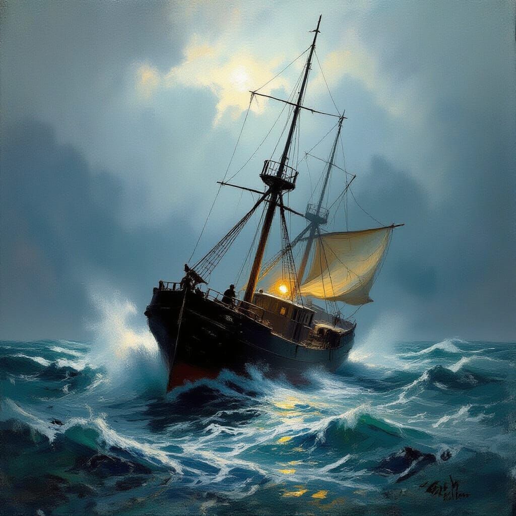 Ship in Stormy Seas, Aivazovsky Style