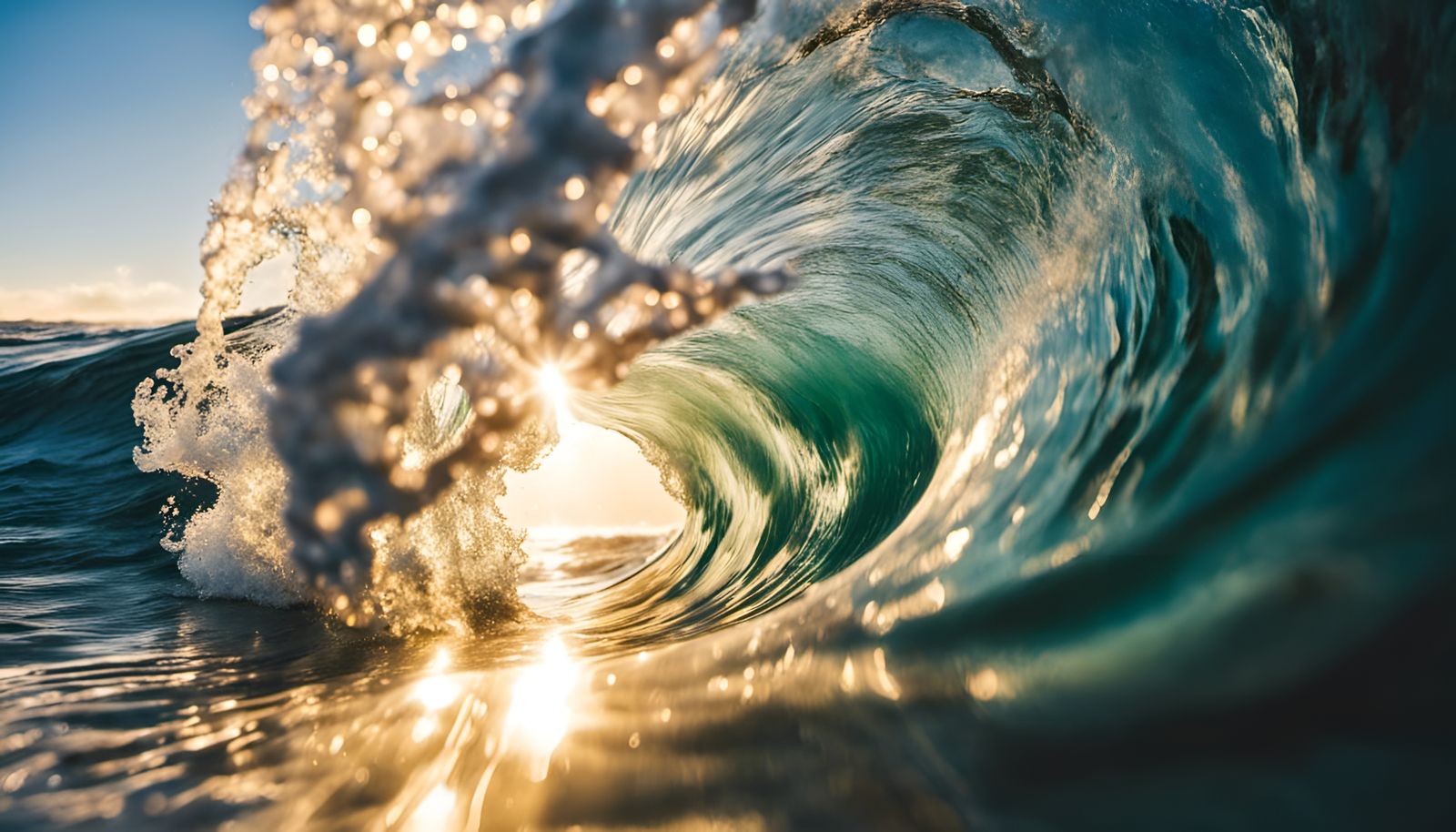 looking down the tube of an ocean wave curl with sunlight shining through the water