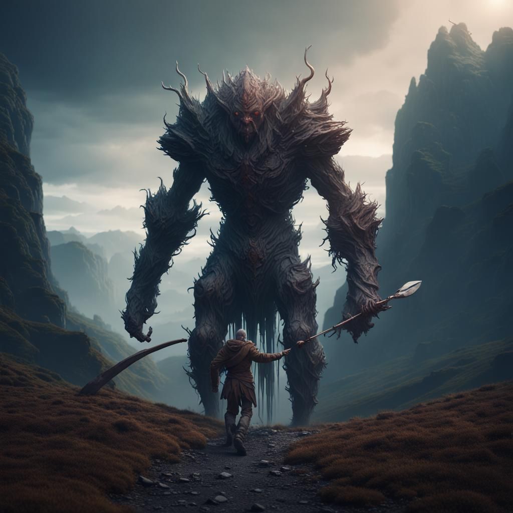 Giant humanoid with large club in hand walking in a dark valley - AI ...